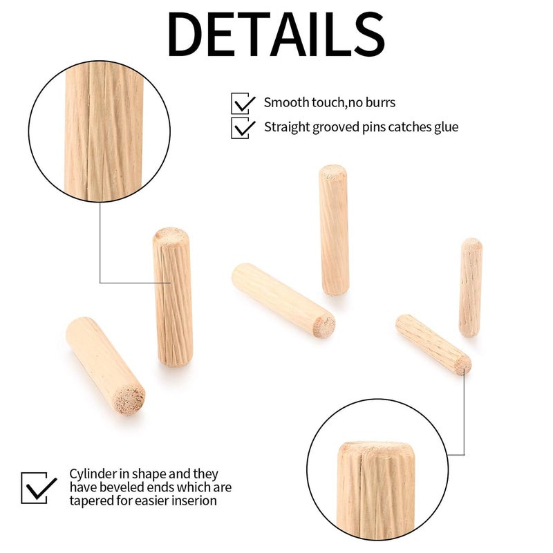 HexinYigjly 90 Pcs Wooden Dowel Pins, Straight Groove Wooden Dowel Pins with Beveled Ends Tapered, Easy Insertion, for Furniture Door Art Crafts Projects, M6 M8 M10 - Image 3